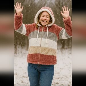 Cozy Sherpa Striped Hoodie - NWOT Size Large